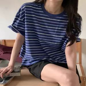 [활용도UP] 포인티 오버핏 스트라이프 반팔 티셔츠 87177 빅사이즈 여성의류