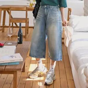 버뮤다 7부 와이드 워싱 데님 청바지 여성 빅사이즈