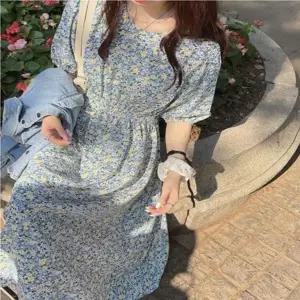 블루 꽃무늬 플라워 패턴 허리 밴딩 청순 롱 원피스 (HSJ-WC5DB60)