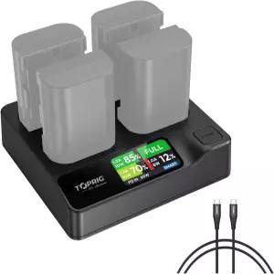 탑픽 애크순 4-베이 PD 고속 충전기 LCD 디스플레이 캐논 LP-E6P LP-E6NH EOS 5D Mark III IV 70D 6D 80D