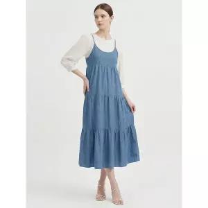 [하프클럽/샵앤]여성 끈나시 3단 캉캉 데님 청 롱원피스 MSE-WDR-21185-진청