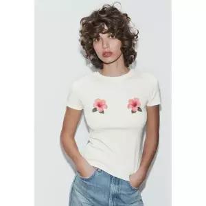 ZARA 플라워 프린트 반소매 티셔츠 - 화이트 412771
