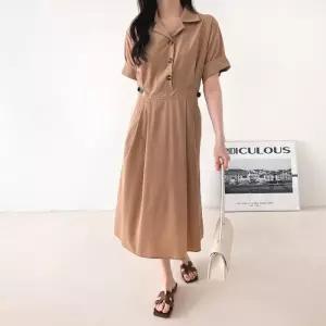 [문에이블]문에이블 출근룩 여름 카라 허리밴딩 스타일리시 캐주얼 스판 롱원피스