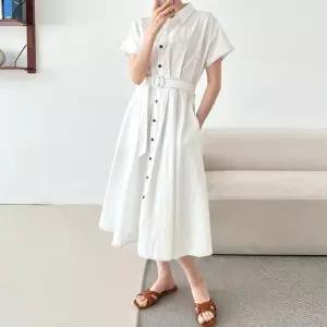 [문에이블]문에이블 린넨 스티치 면 여름 셔츠형 슬림 날씬핏 반팔 롱원피스