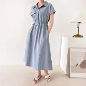 [문에이블]문에이블 린넨 여름 허리 카라 버튼 포켓 코튼 스트링 반팔 롱원피스