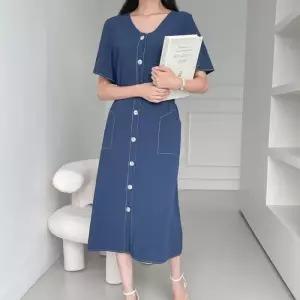 [문에이블]문에이블 스티치 허리밴딩 유넥 A라인 출근룩 바스락 반팔 롱원피스