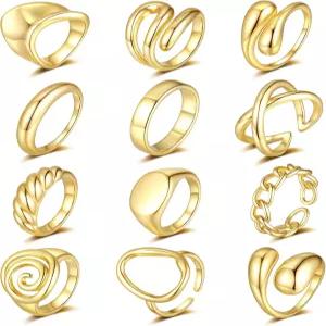 여성용 ZHESHY 청키 골드 반지 14K 금/은 도금 스태킹 링 세트 엄지 서명 문구 밴드 주얼리 선물