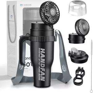 손잡이가 달린 핸드팬 40온스 텀블러 USB 휴대용 선풍기 3개 작업 시간 배터리 단열 스테인리스 여행용