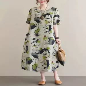 반팔 휴양지 원피스 면 롱원피스 프린트 루즈핏 중년 대형 엄마 꽃무늬