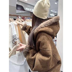 여성 겨울 퍼 일체형 후드 스웨이드 숏 코트 보온 아우터 세련된 외출복