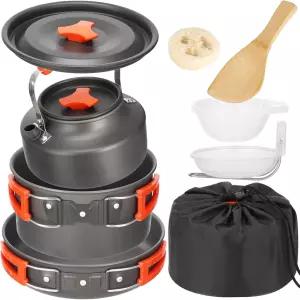 10 PCS 캠핑 조리기구 세트 캠프 포트 팬 주전자 플라스틱 그릇 수프 스푼 가벼운 알루미늄 야외