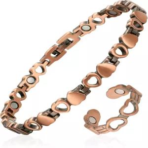 Fashtour 99.99 순수 구리 자석 팔찌 및 반지 세트 3800개의 가우스 있는 하트 와이어 디자인 조절 가능한