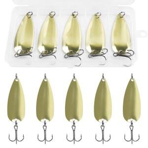 낚시 스푼 금속 낚시 루어 키트, 5피스 골드 하드 낚시 스푼 루어 트레블 , 송어 연어 배스 월아이 바닷물 담수용