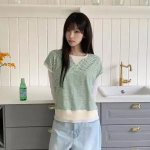 |KMJ6E8E|여성 스트라이프 루즈핏 코튼 레이어드 조끼