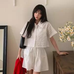 [다잇템] 여자 고무줄 반소매 링클 스모킹 슬리브리스 탱크 남방 세트