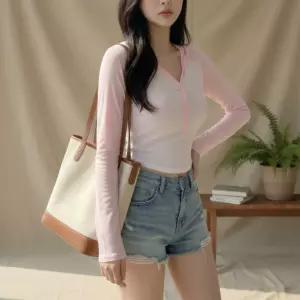 여성용 슬림핏 크롭 후드 롱슬리브 티셔츠