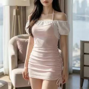 [신세계라이브쇼핑][옷자락] 여자 바디콘 셔링 홀터 오프숄더 퍼프 미니원피스