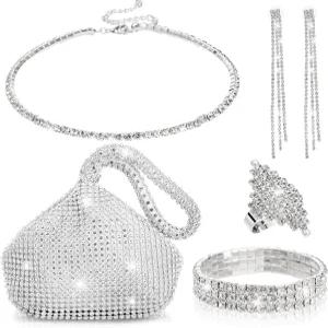 메치 5개 라인스톤 실버 주얼리 세트 여성용 반짝이는 클러치 지갑 목걸이 웨딩 블링 귀걸이 반지
