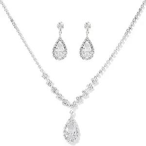 엘레글로 실버 크리스탈 신부 주얼리 세트 티어드롭 귀걸이 라인스톤 목걸이 들러리 결혼식 파티