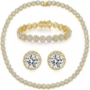 남성용 여성용 젬스미 18K 화이트 골드 도금 큐빅 지르코니아 테니스 목걸이 팔찌 귀걸이 세트