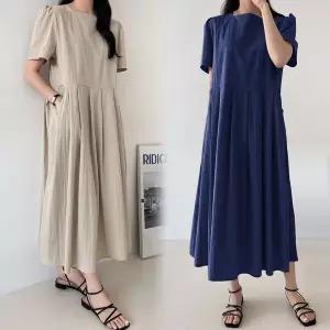 [하프클럽/]스퀘어넥 반팔 주름 원피스 체형커버 핀턱 에이라인 롱원피스