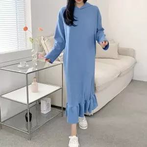 [하프클럽/]밑단 프릴 후드 원피스 롱기장 루즈핏 데일리 홈웨어 롱원피스 Y