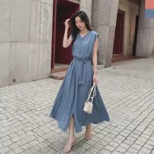 [하프클럽/우먼]여성 V넥 쉬폰 벨트 나시 롱 원피스 DJW-OPA-SKAA9006W