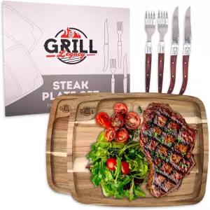 그릴 레거시 우드 스테이크 플레이트 세트 2팩 - 프리미엄 나이프와 포크로 먹기 좋은 완벽한 애호가를