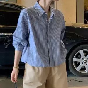여자 세미크롭 루즈핏 스트라이프 카라 셔츠