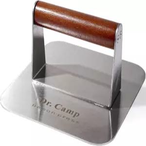 닥터캠프 7인치 스테인리스 스틸 버거 프레스 리얼 우드 핸들 헤비 듀티 베이컨 그릴 그리들 플랫 탑