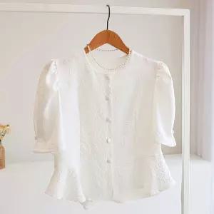 [잇수다] 비쥬앙 퍼프 소매 프릴 플레어 반팔 블라우스