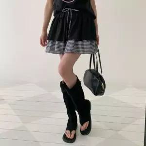 여자 셔링 스트링 레이어드 체크 미니스커트