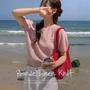 핫핑 [린넨10/여름니트] 브론드 펀칭짜임 린넨 반팔 니트티