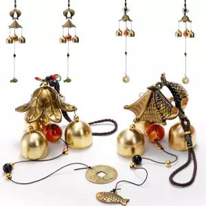 Eorbow 4팩 럭키 윈드 차임 중국 풍종 3벨 빈티지 축복 행잉 물고기 동전 포함 안전 행운 부유한 가정 정원