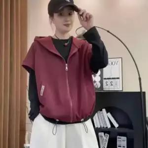 빛채운 캐주얼 여자 반팔 후드 맛있음집업 스트링 조끼 나시 OPH2