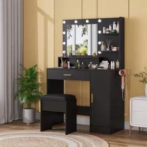 35.4인치 메이크업 베니티 데스크 3단계 스마트 LED 미러 및 전원 콘센트 PU 쿠션 스툴이 있는 블랙 테이블