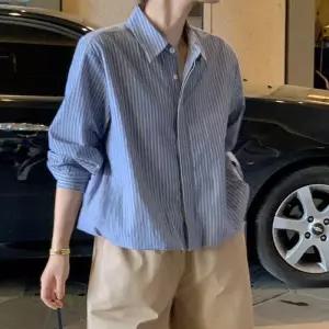 [옷자락]여자 세미크롭 루즈핏 스트라이프 카라 셔츠