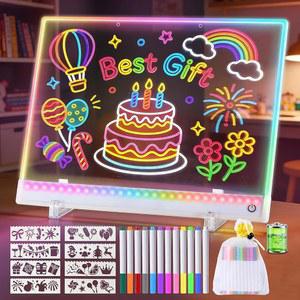 충전식 16.5인치 LED 드로잉 보드, 12개의 마커가 있는 LED 메시지 보드 8개의 드로잉 스텐실 및 보관 가방 및 실리콘 케이스, 소년/ 그릴 선물로 색상이 포함된 아크릴 드라이 이레이즈 루미 보드 조명