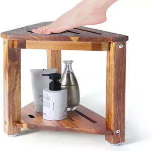 야오이이지 샤워 풋 레스트 13.5인치 다리 면도용 아카시아 우드 스툴 수납 선반이 있는 작은 발 내부