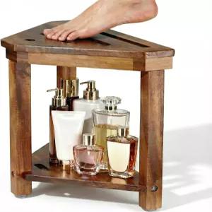 다리 면도용 도즈시프 아카시아 우드 샤워 스툴 내부 작은 공간을 위한 수납 선반이 있는 풋 받침대 방수