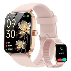 여성 스마트워치 안드로이드 용 1.85인치 HD 다이내믹 다이얼 스마트워치(응답 / 전화 걸기 기능 포함) 110개 이상의 스포츠 모드를 갖춘 헬스 트래커 심박수 /SpO2 / 수면 모니터 IP68 방수 기능(2밴드)