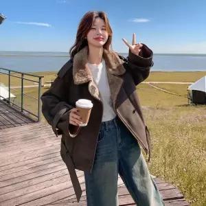 스트레인지 여성용 페이크 데일리룩 퍼 코트 재킷 가죽 일체형 KUK1