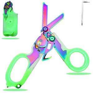 [미국배송] 6IN1 접이식 외상 가위 야광 홀스터 포함 - 안전벨트 커터 유리 차단기 산소 탱크 렌치 응급처치용 링 캠핑 및 하이킹(컬러 라이팅)을 위한 간호용 의료용 가위