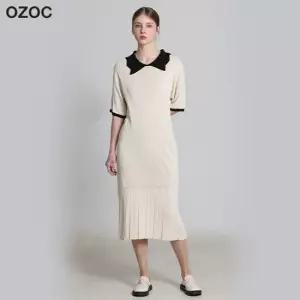 오조크  배색 물결 카라 롱 니트 원피스