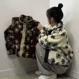 양면 착용 꽃 프린트 뽀글이 후리스 점퍼 여성 겨울 보온 아우터 덤블 양털 자켓