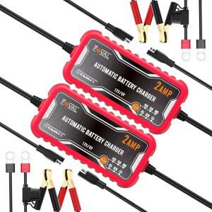 [2팩] FOVAL 2암페어 자동차 배터리 충전기, 6V 및 12V 휴대용 자동 스마트 충전기, 배터리 유지보수기, 트리클 충전기 및 자동차 잔디깎이 모터사이클 보트 납축전지용 배터리 탈황기