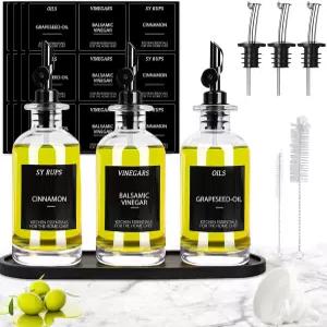 주방용 교수강 3PCS 올리브 오일 디스펜서 병 간장 유리 및 식초 세트 W 나무 트레이 라벨 교체용 스푸트