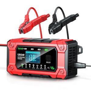 MBUMJPIH 배터리 충전기 15A 12V/24V 완전 자동 납축 배터리 유지보수기, 자동차 배터리 트리클 충전기 및 탈황기 다중 모드, 다기능, 광범위한 응용 분야