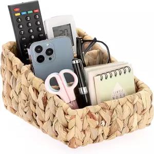 섬나콘 워터 히아신스 리모컨 홀더 3개의 구획이 있는 러스틱 캐디 테이블 침실 거실용 장식 보관 정리