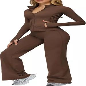 여성용 2피스 운동 세트 컴프레션 패딩 집업 재킷 심리스 하이 웨이스트 플레어 레깅스 조거 의상